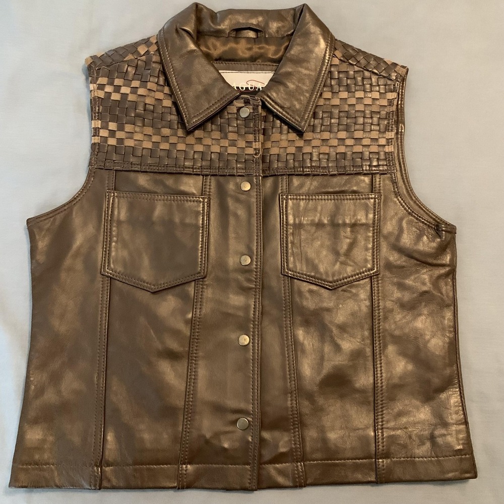 VTG.‎ Saguaro Leather Vest Men's Small Brown Basketweave Yoke Snap Front Western